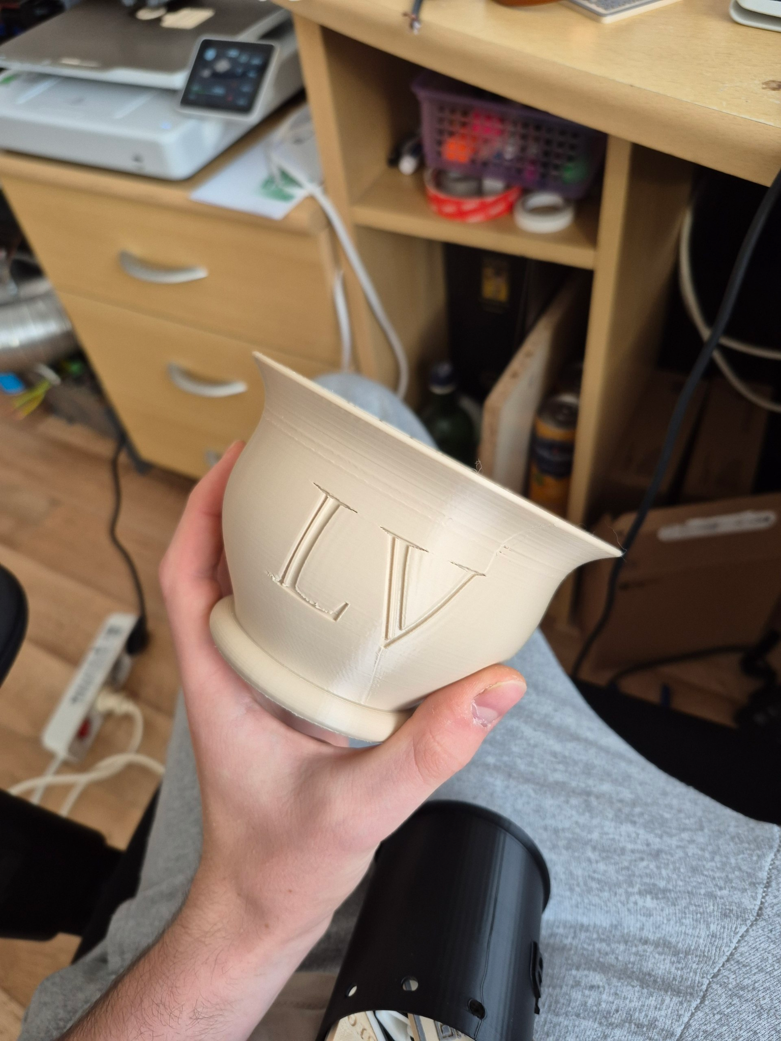 3D printed decorative bowl side view with LV lettering